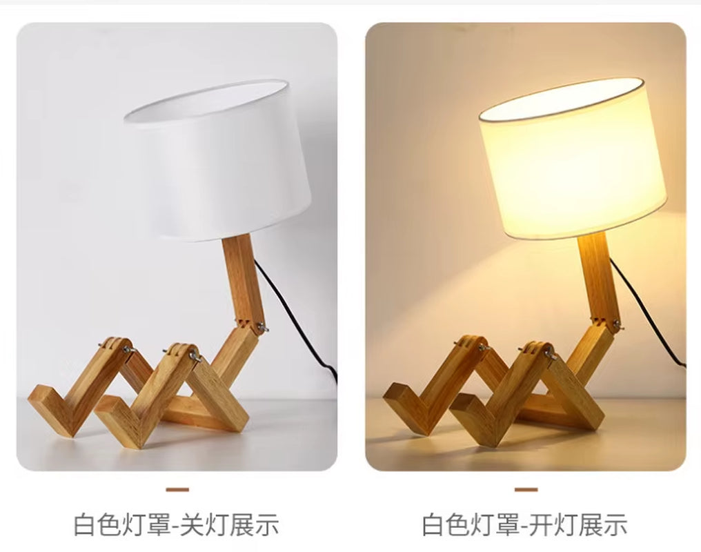 Charming Wooden Robot Table Lamp - Stylish Nordic Design for Your Study or Reading Nook