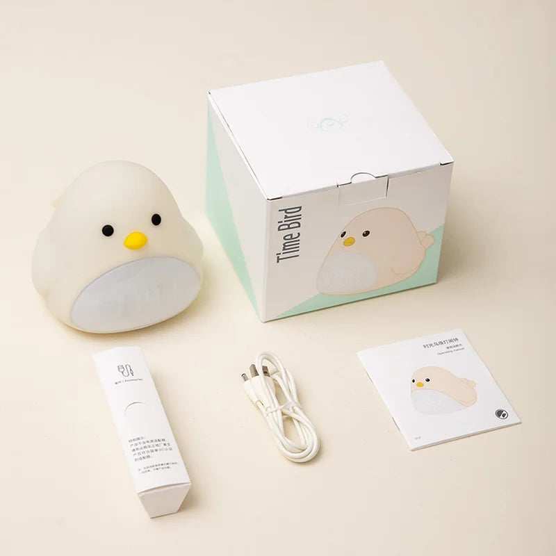 C2 Time Bird Night Light Alarm Clock - Adorable Cartoon Silicone Touch Bedside Lamp with LED for Kids and Babies