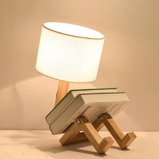 Charming Wooden Robot Table Lamp - Stylish Nordic Design for Your Study or Reading Nook